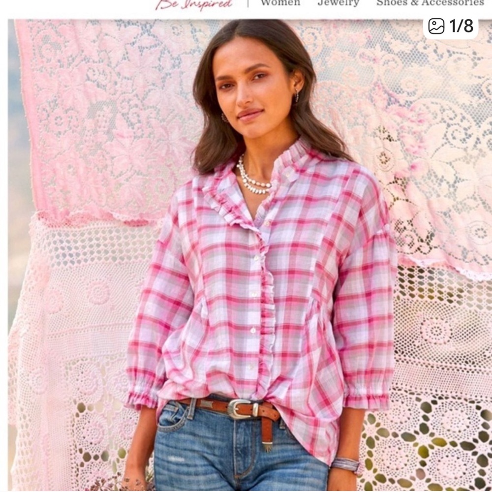 Sundance Janis Pink Plaid Button Down Shirt Ruffle Neckline lightweight Cotton